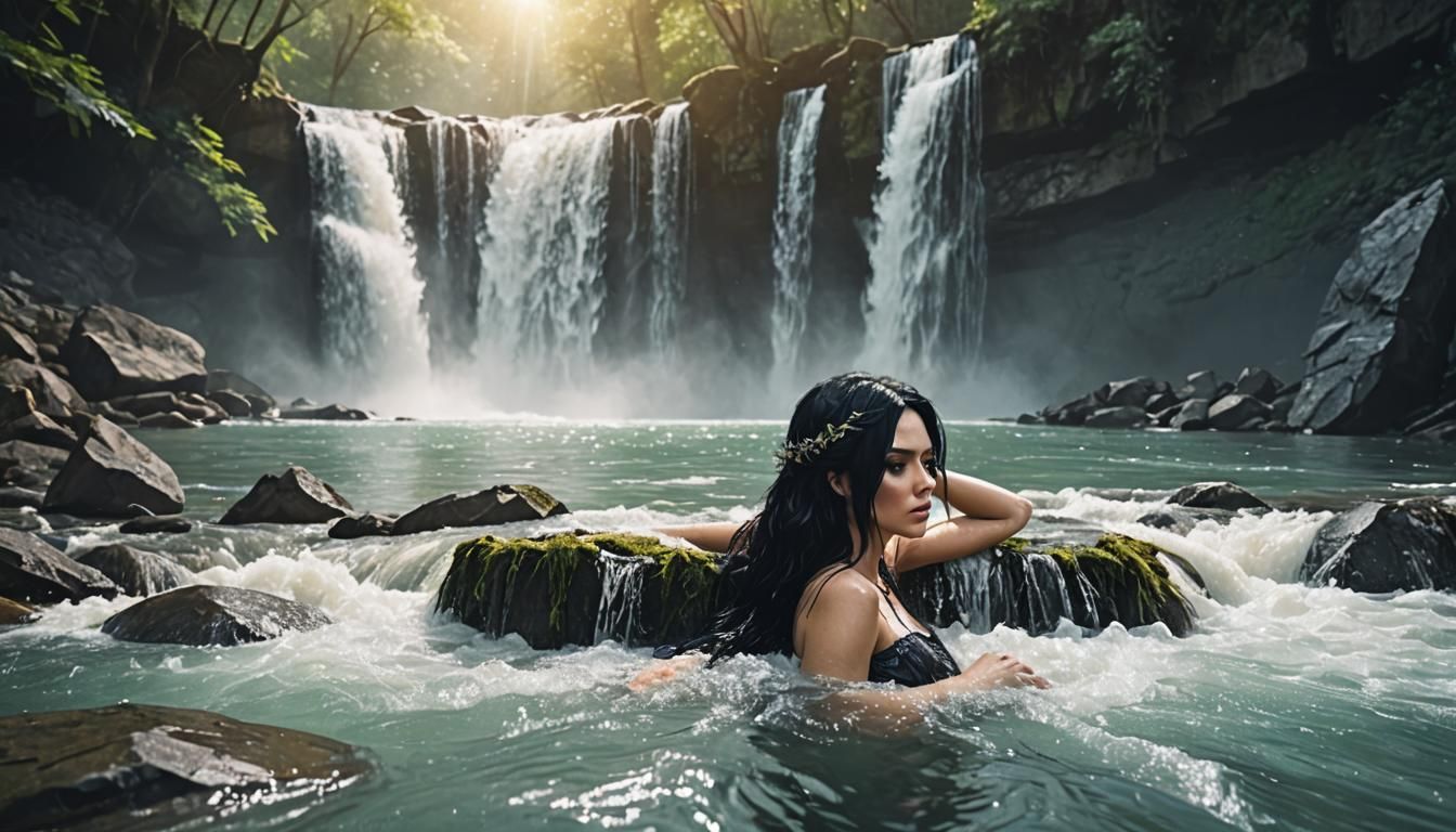 Fantasy Waterfall Scene with Woman Bathing