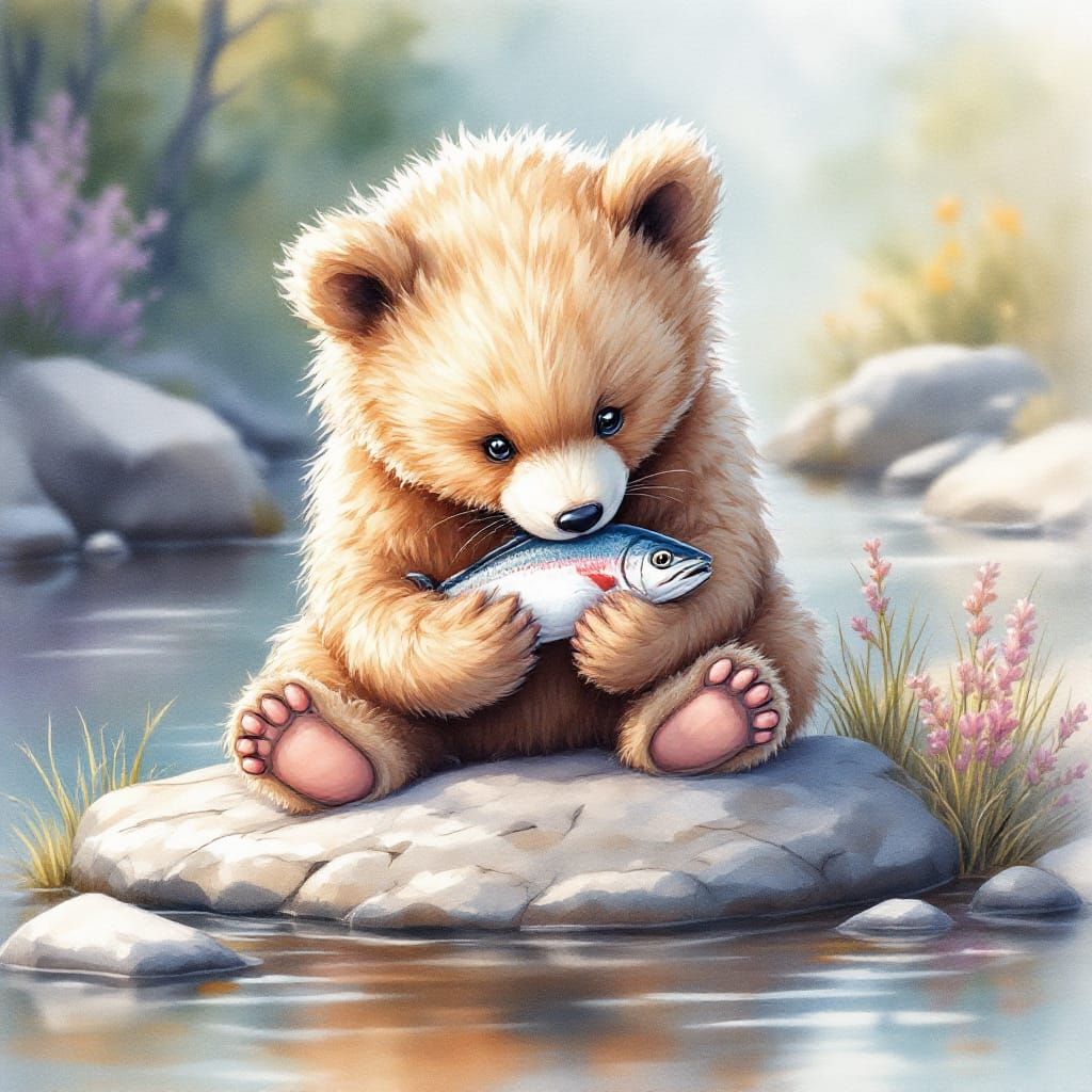 Cute Bear Cub Eating Salmon in Watercolor Style