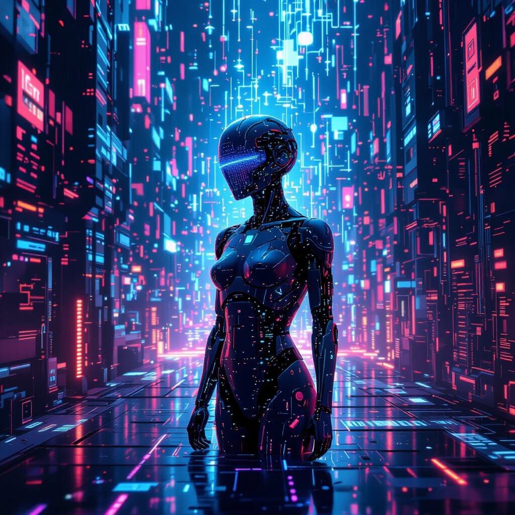 Digital Being Ascends in Cyberpunk Landscape