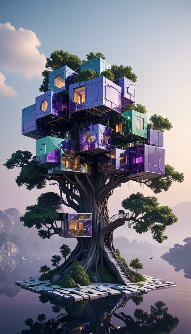Sleek Futuristic Treehouse on a Floating Island