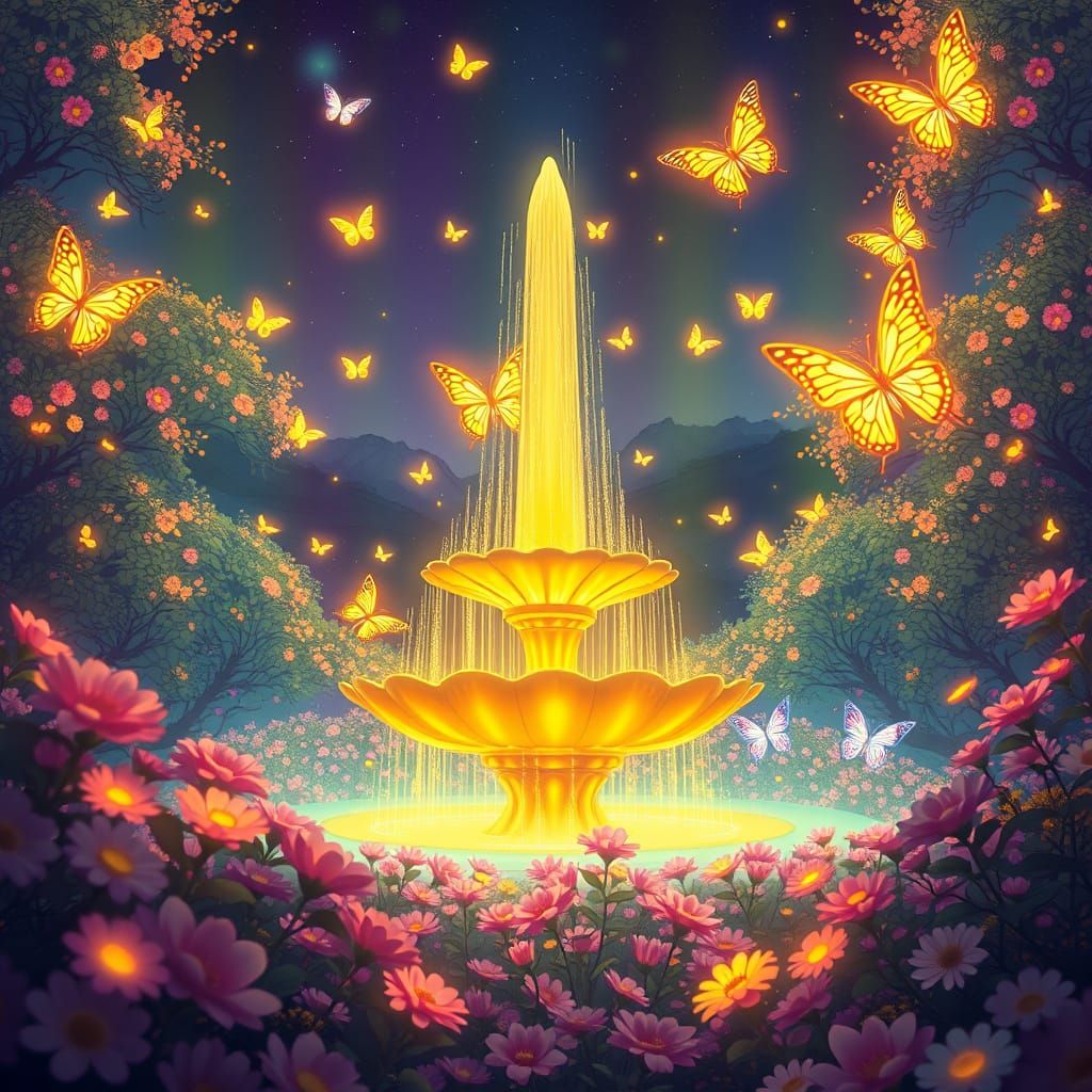 Bioluminescent Flower Field with Golden Fountain, Cel-Shaded...
