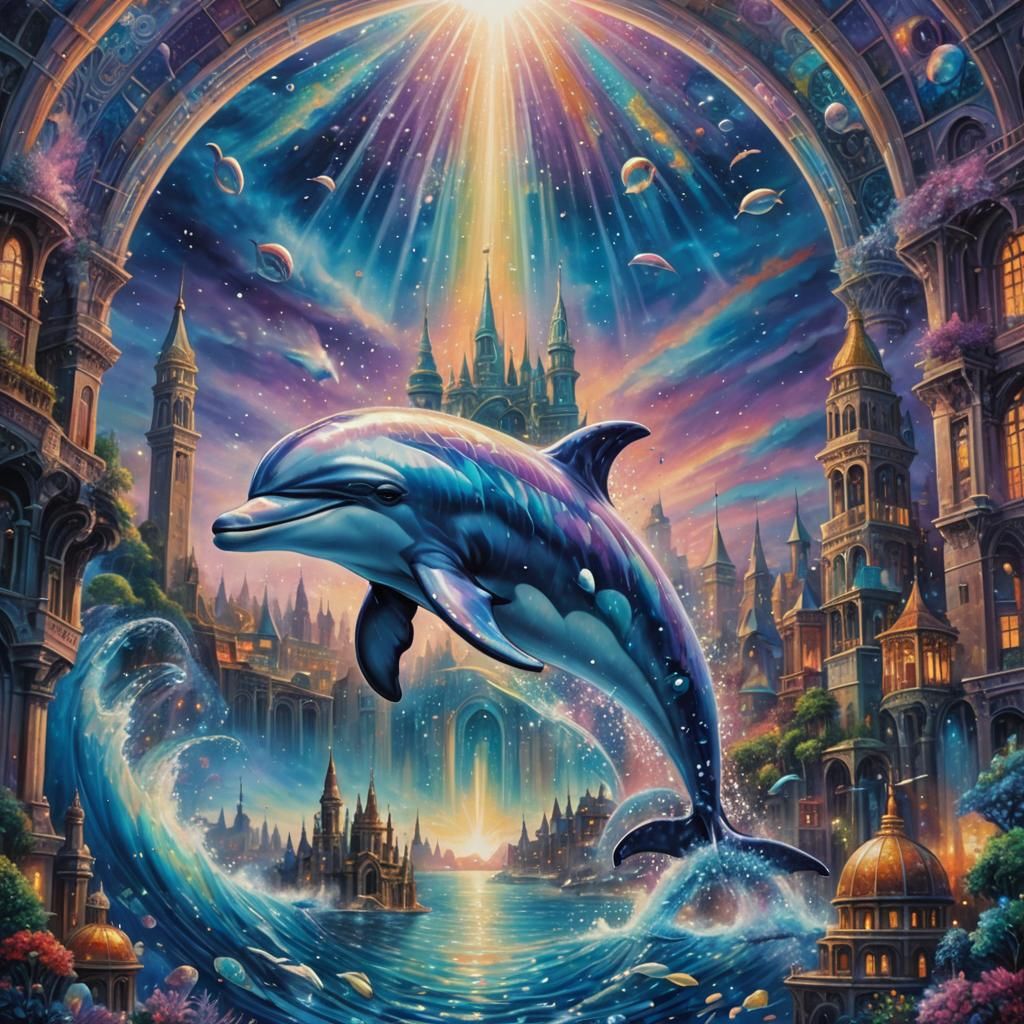 Unicorn Dolphin Swimming in Shimmering City
