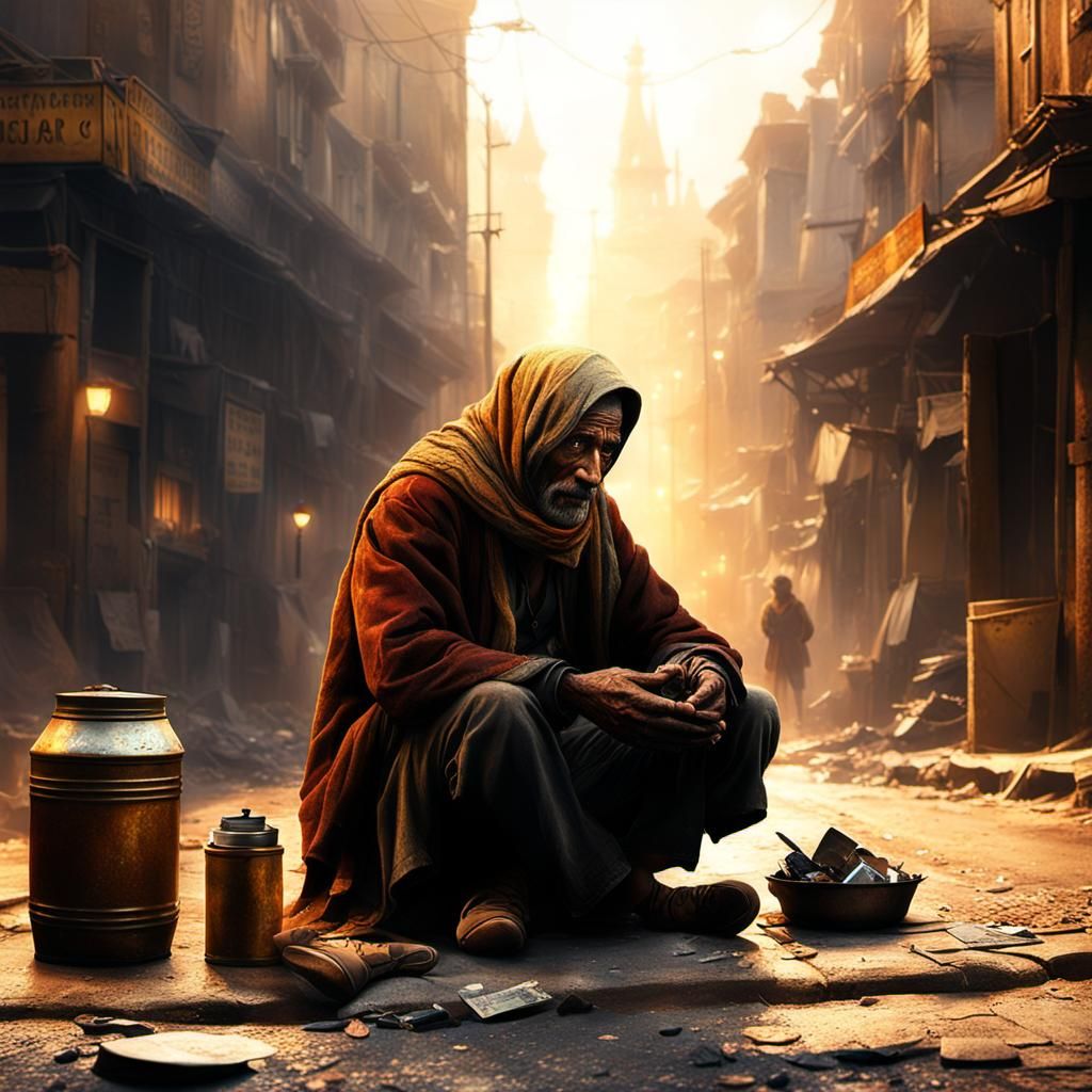 Beggar in Golden Light: Detailed Matte Painting