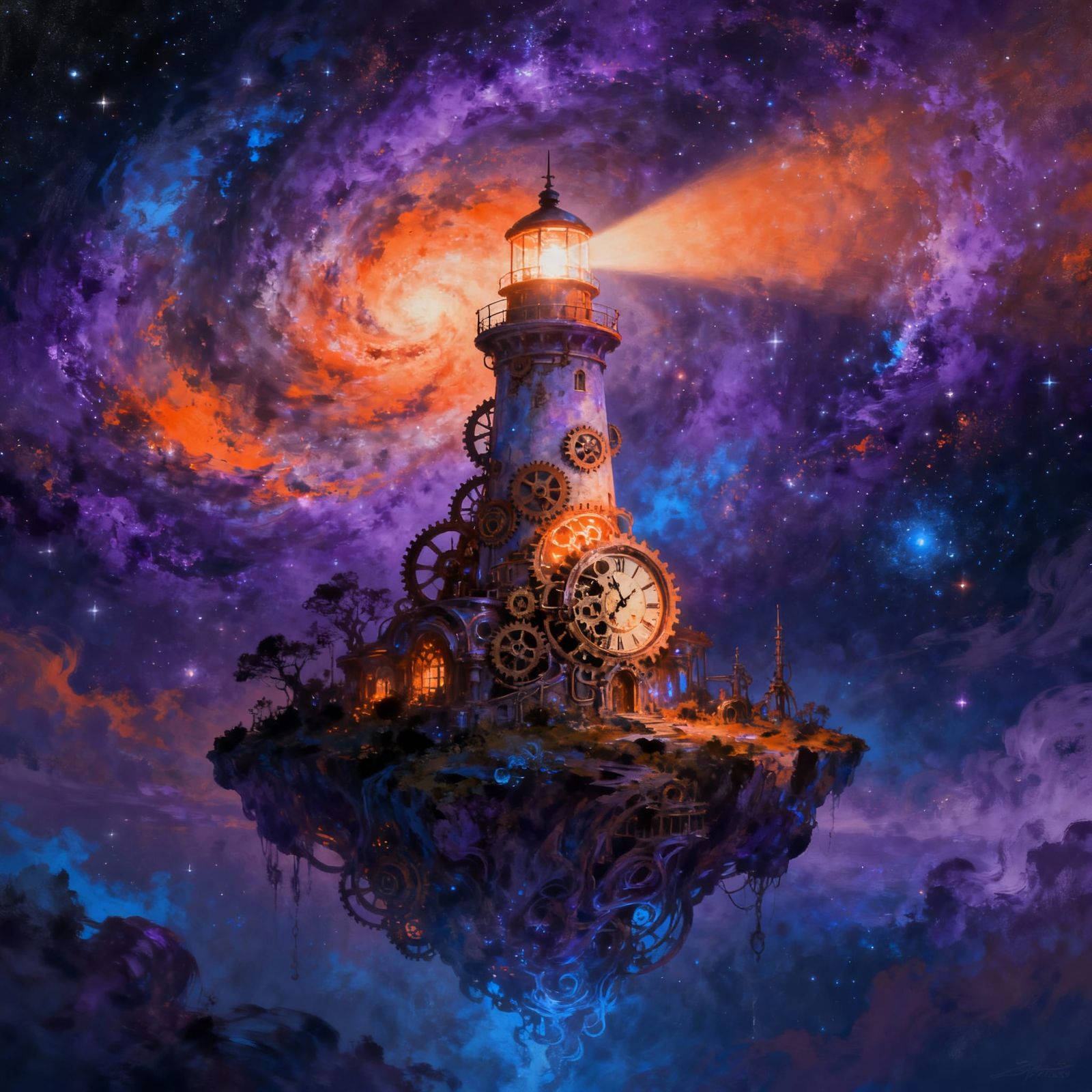 Steampunk Lighthouse in Cosmic Nebula