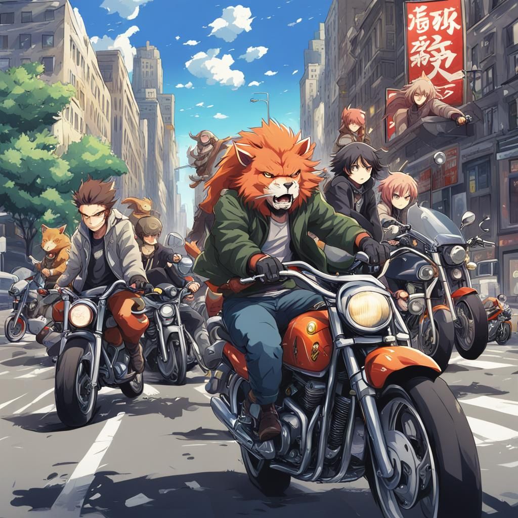Wild Animals Ride Motorcycles in Anime Style