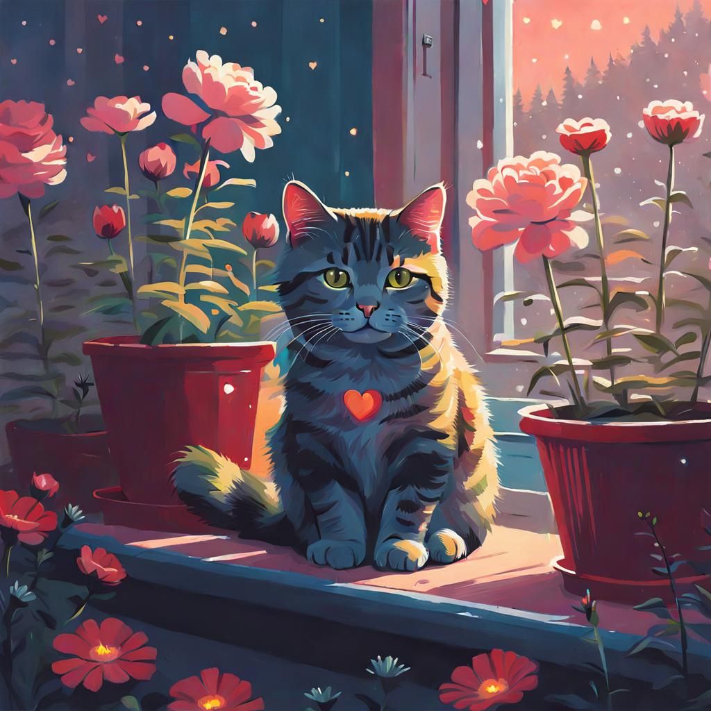 Cat with Flowers in Retro-Futuristic Style