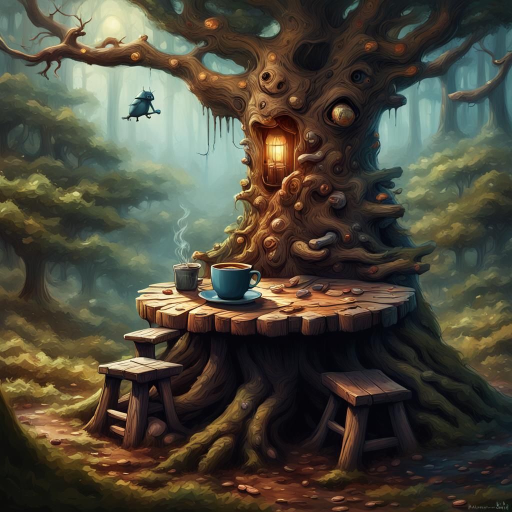 Mole Having Coffee at a Tree Stump