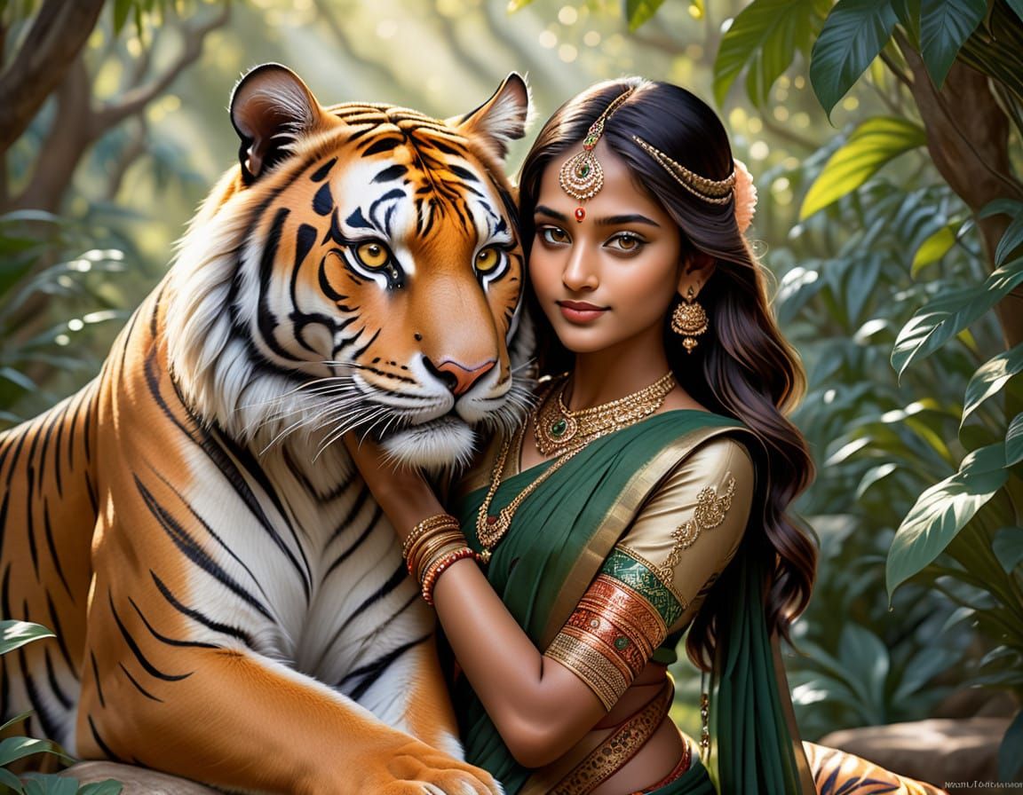 Indian Princess Embraces Majestic Bengal Tiger in Vibrant Ju...