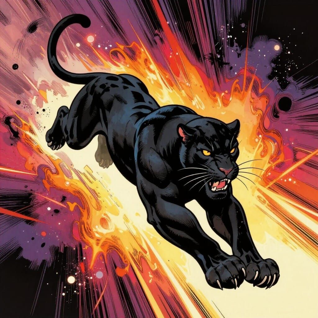 Black Panther Leaping Through Cosmic Void in Graphic Style