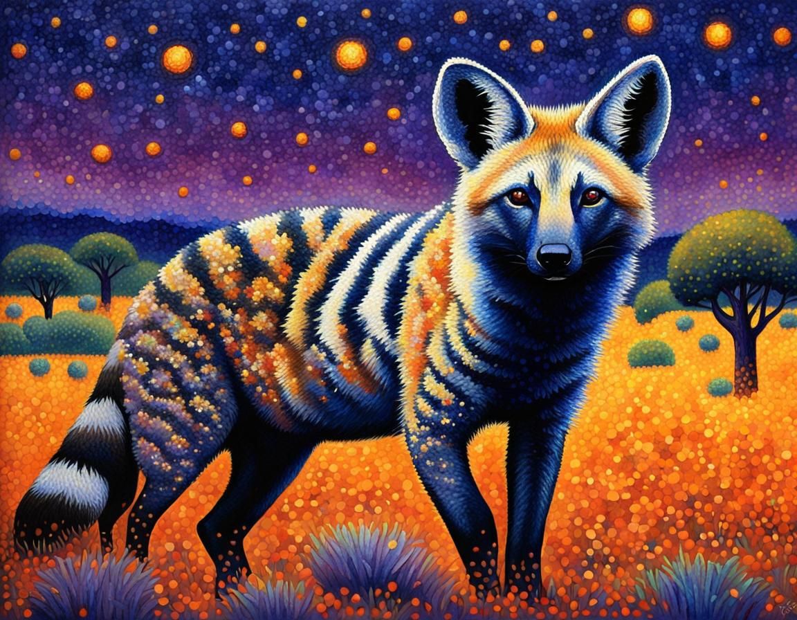 Aardwolf in Pointillism Style With Shimmering Stars