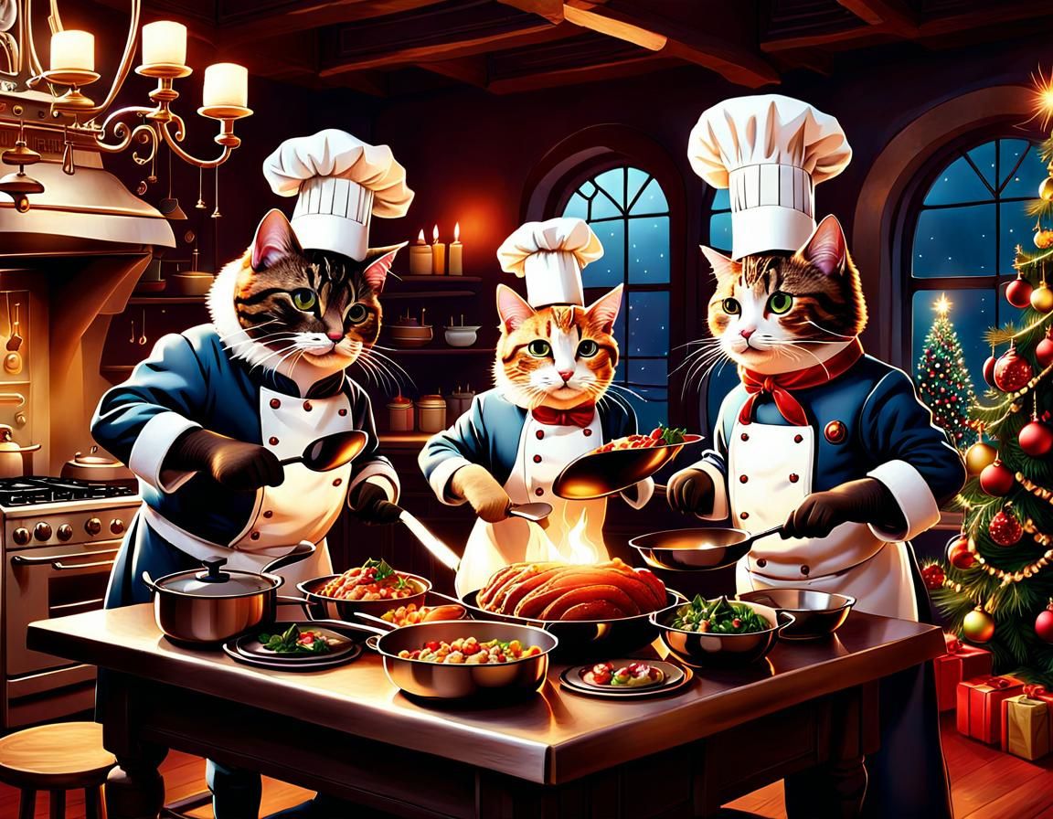 Cats Cooking New Year's Dinner in Christmas Wonderland