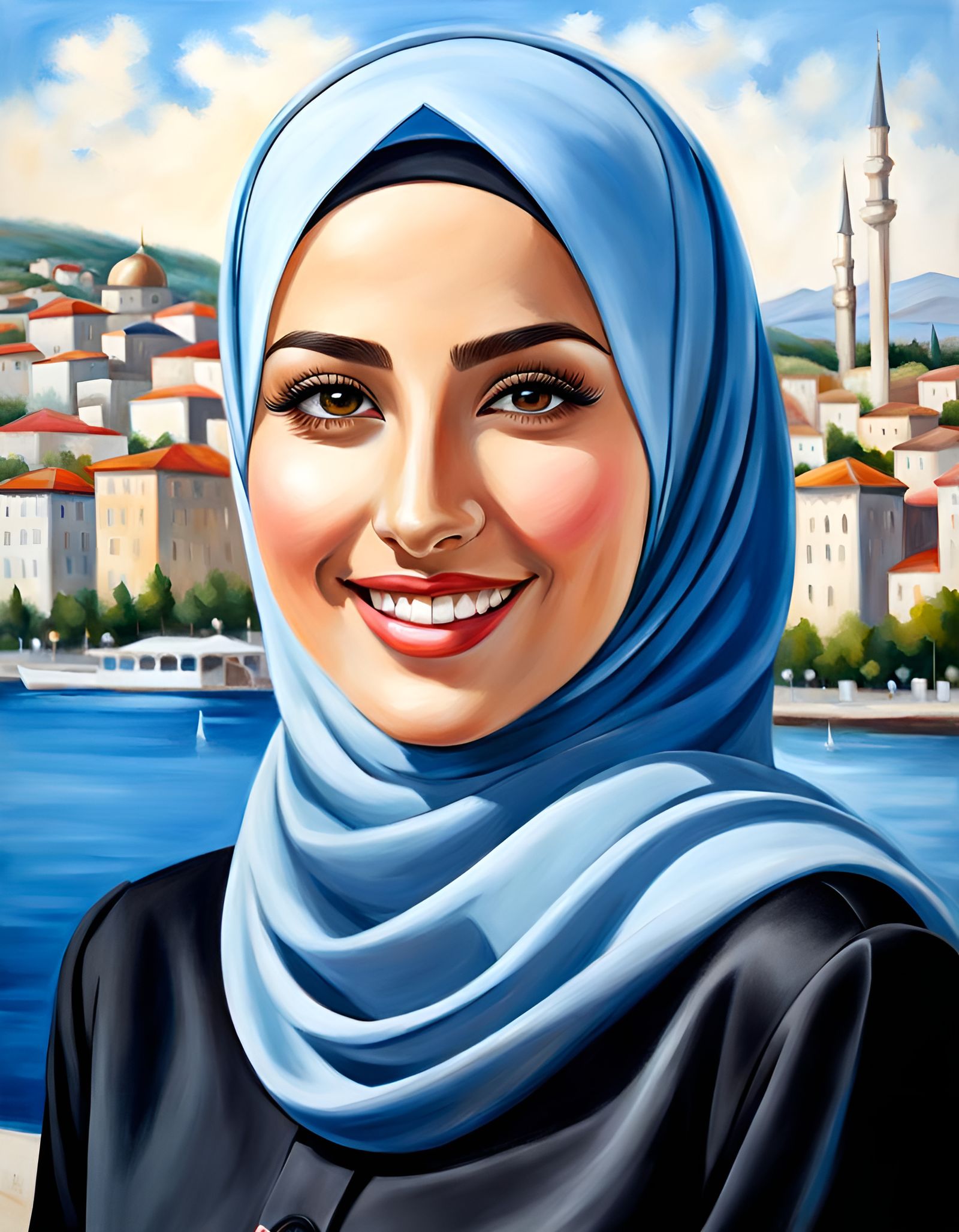 Elegant Smiling Turkish Woman in Hijab Oil Painting