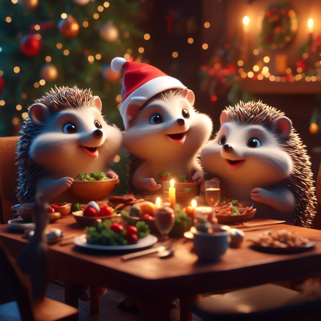 Festive Hedgehogs Celebrate Christmas Dinner