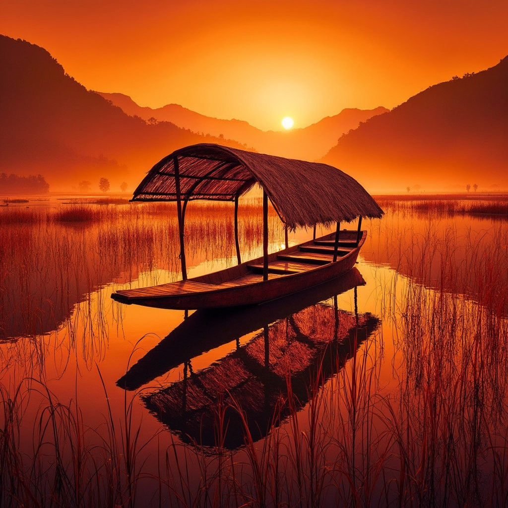 Junk Boat Silhouette at Sunset, Srinagar, Kashmir