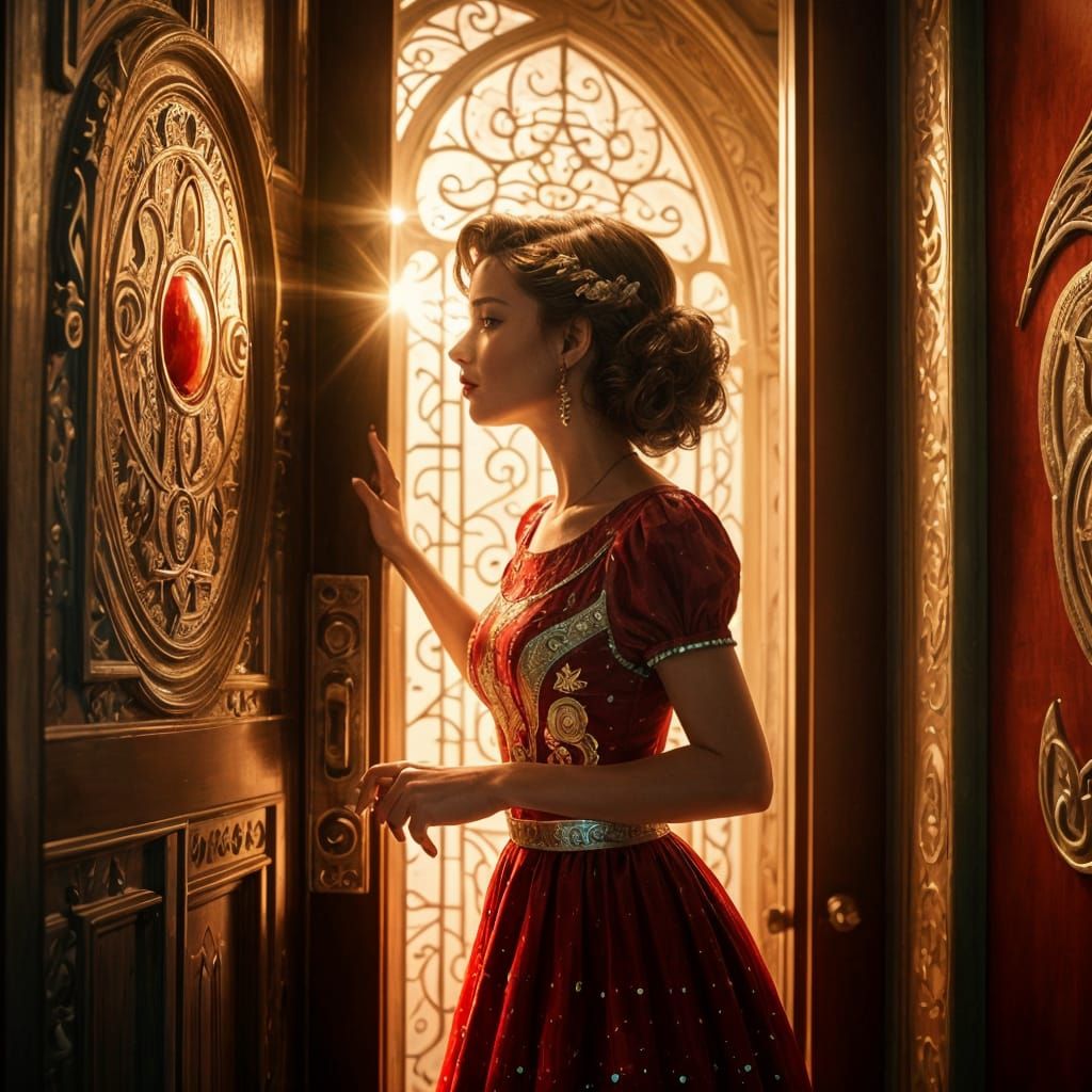 Woman Opens Door at Top of Crystal Stairs