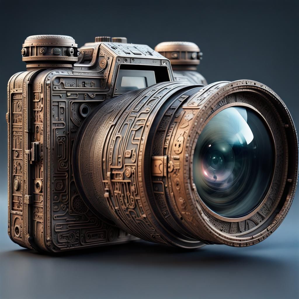 Transparent Techno-Punk Camera with Ancient Carvings