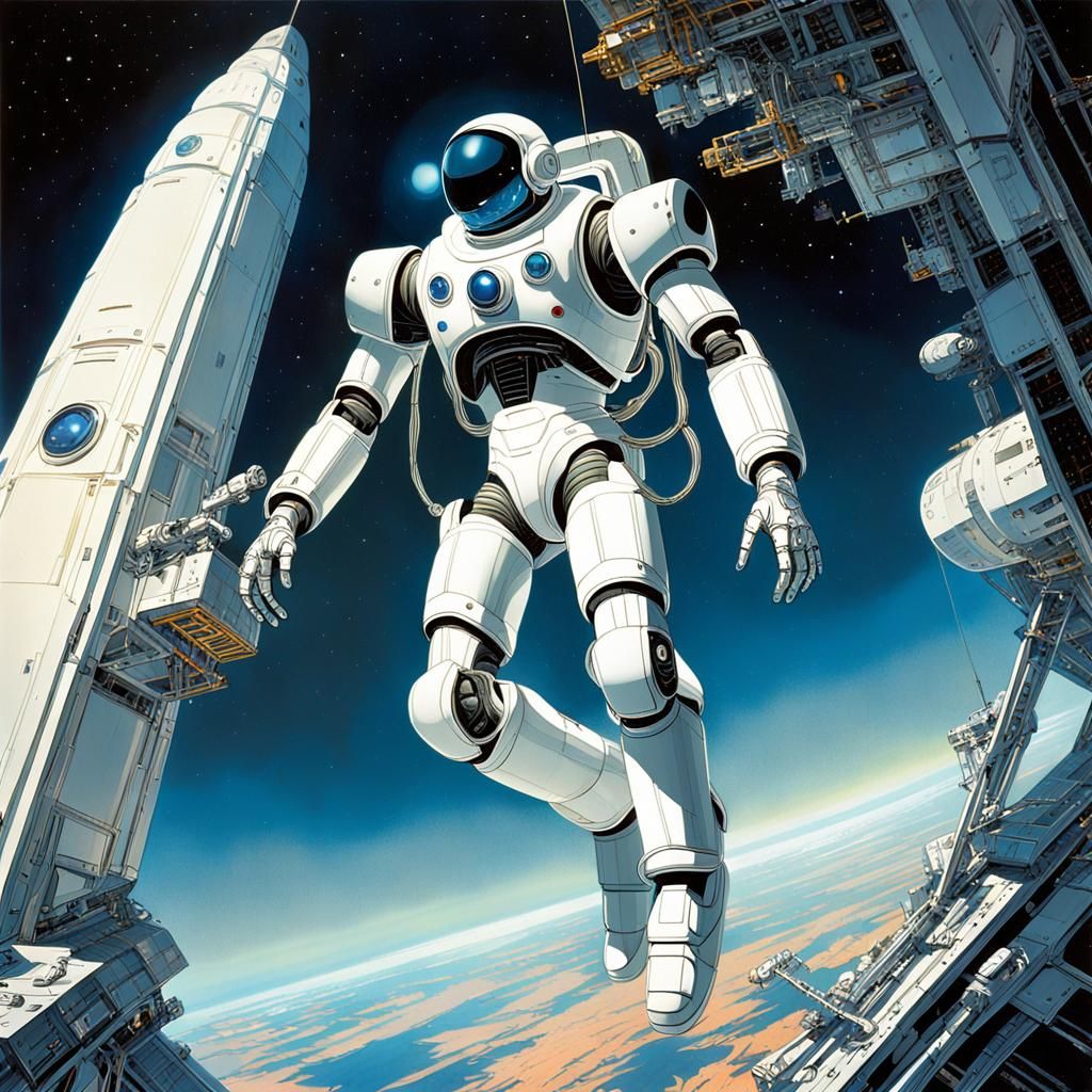 An alien robot that is hanging from the edge of a space stat...