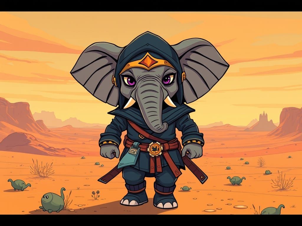 Ninja Elephant in Desert Landscape, Cartoon Style