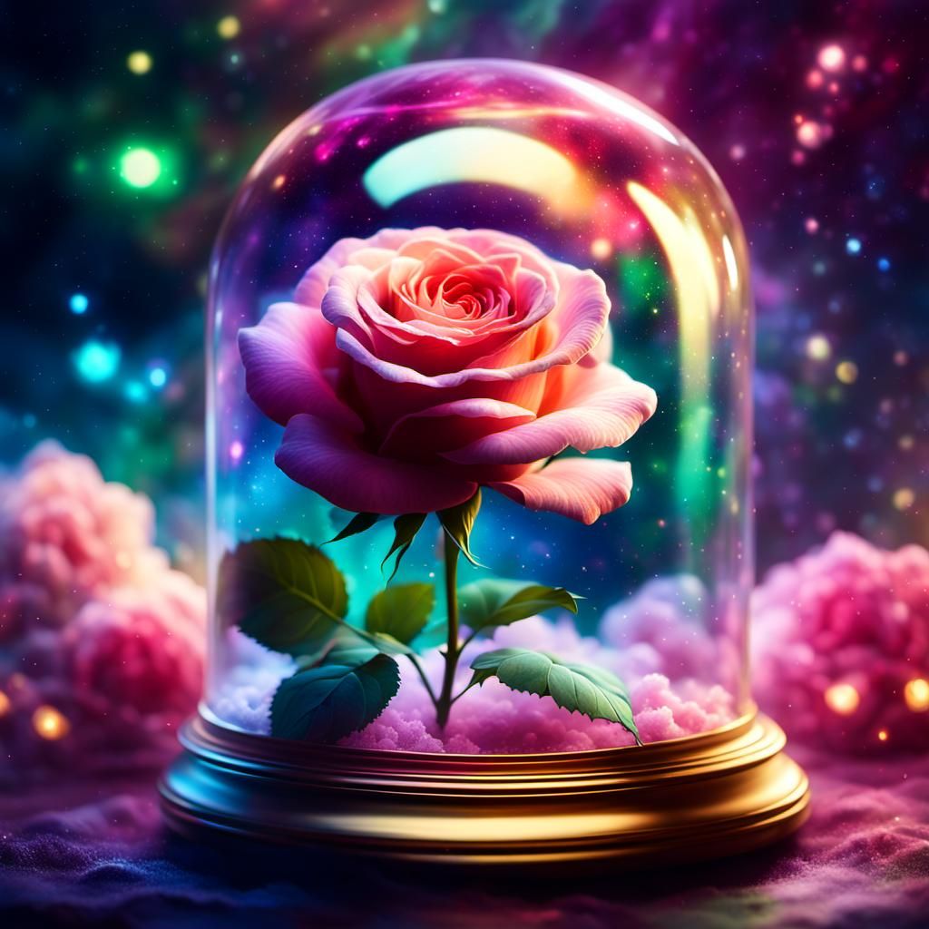 Cosmic Rose in Glass Case, Ethereal Digital Art