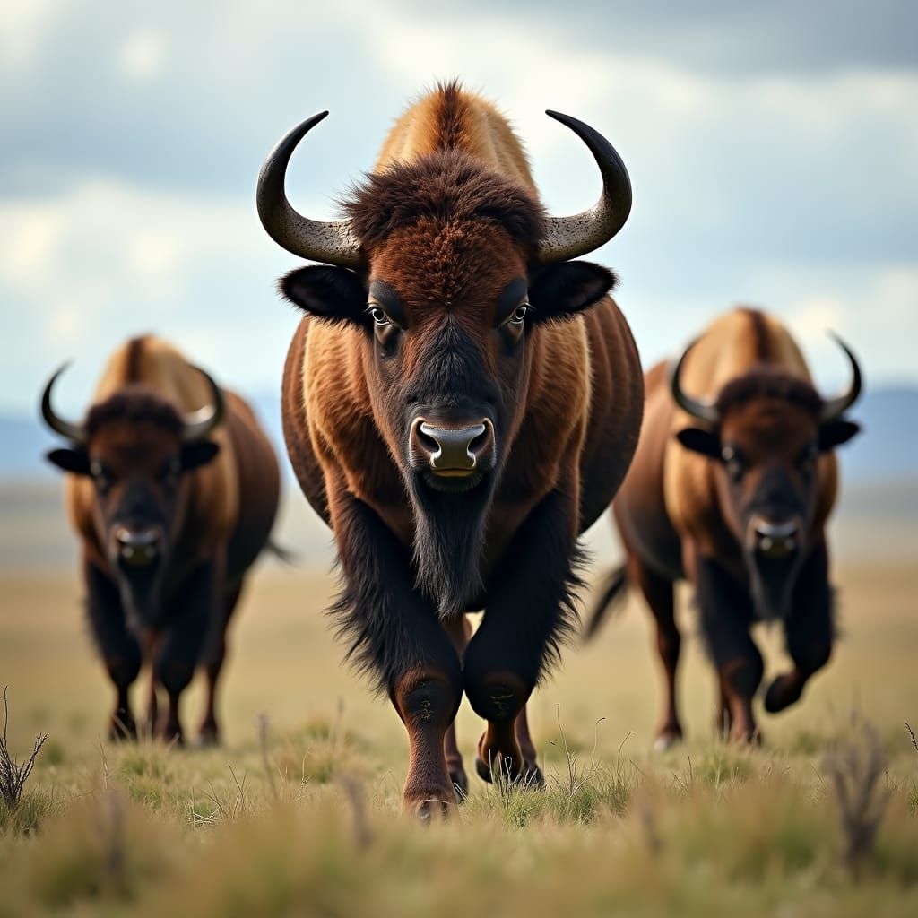 Bison Herd on Grassy Plain: Hyperrealistic Close-Up