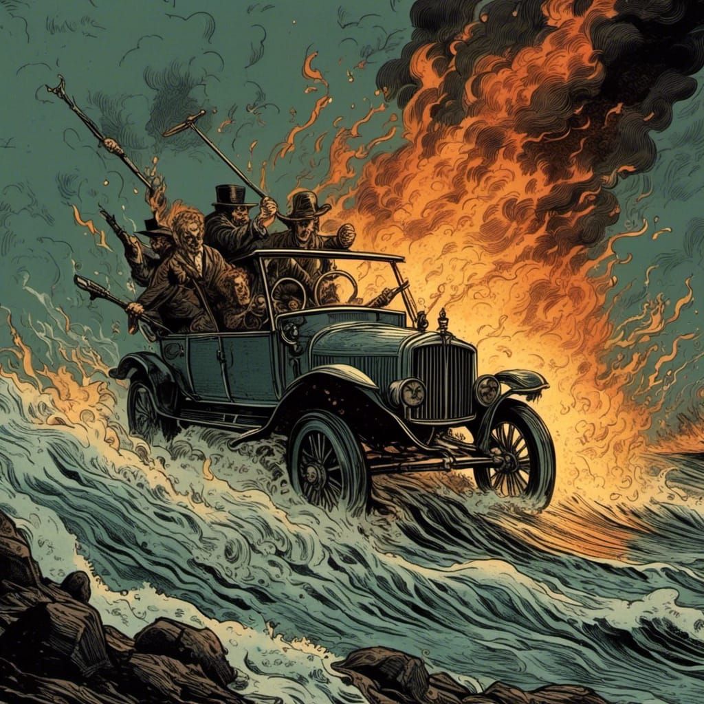 Fiery Hell Car on Coastal Road, Comic Style