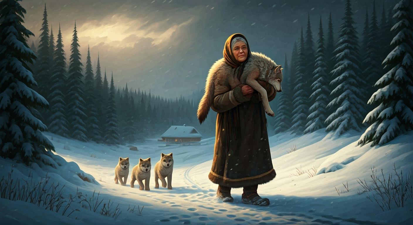 Elderly Woman Carries Wolf Through Taiga Blizzard