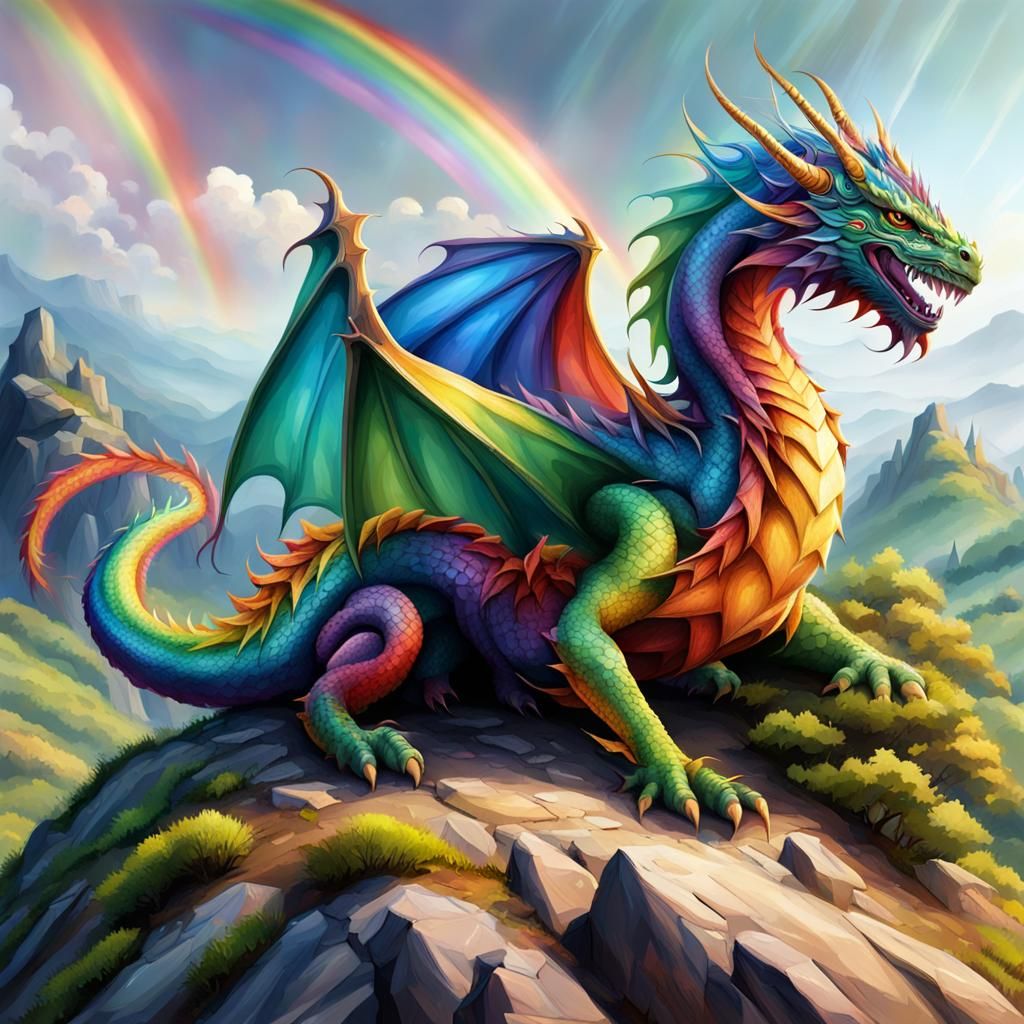 Rainbow Dragon on a Hill, Realistic Style