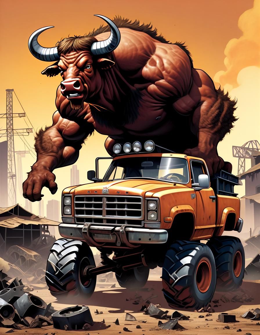 Mutant Ox on Wrecked Monster Truck in Wasteland