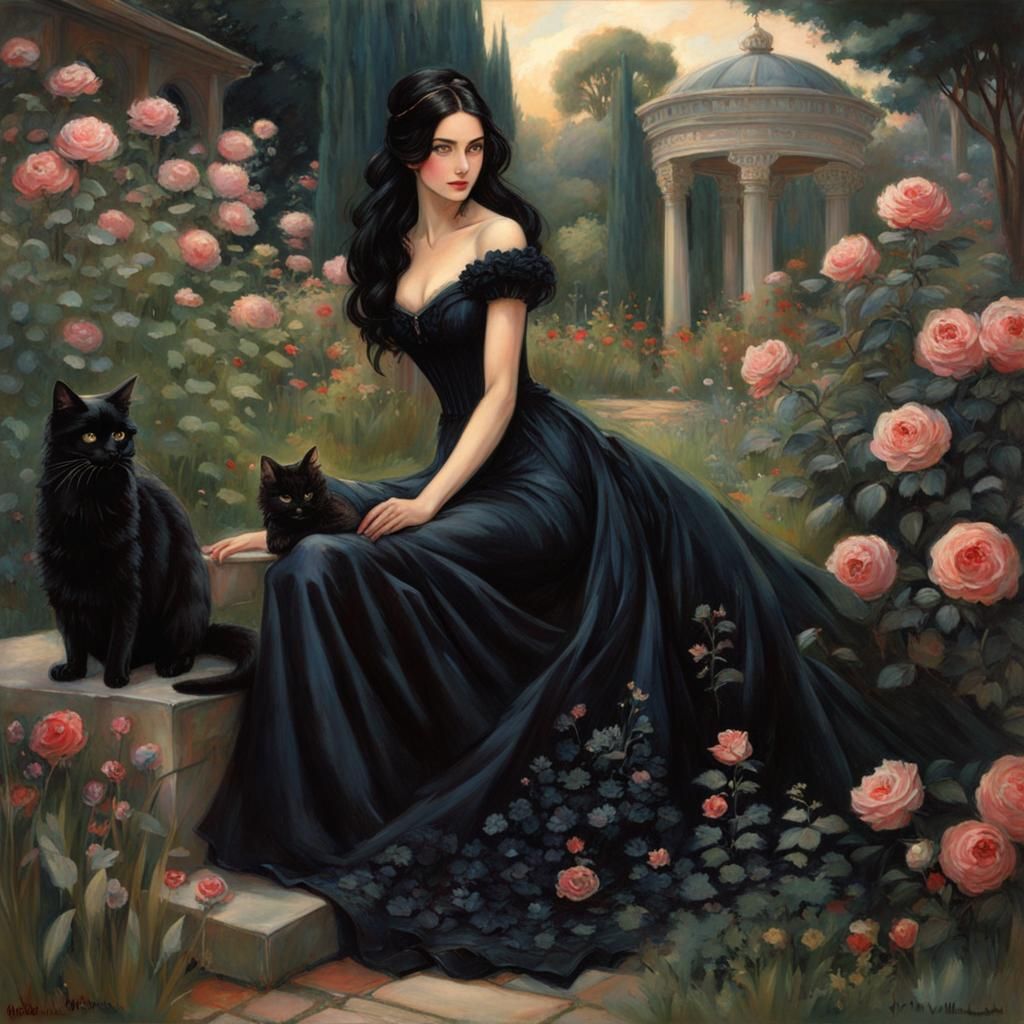Fantasy Woman with Black Cat in Anime Style