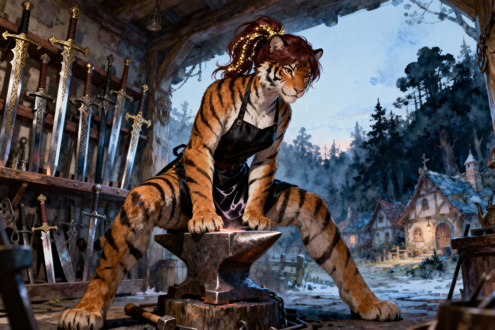 Anthropomorphic Tigress Blacksmith in Fantasy Weapon Shop