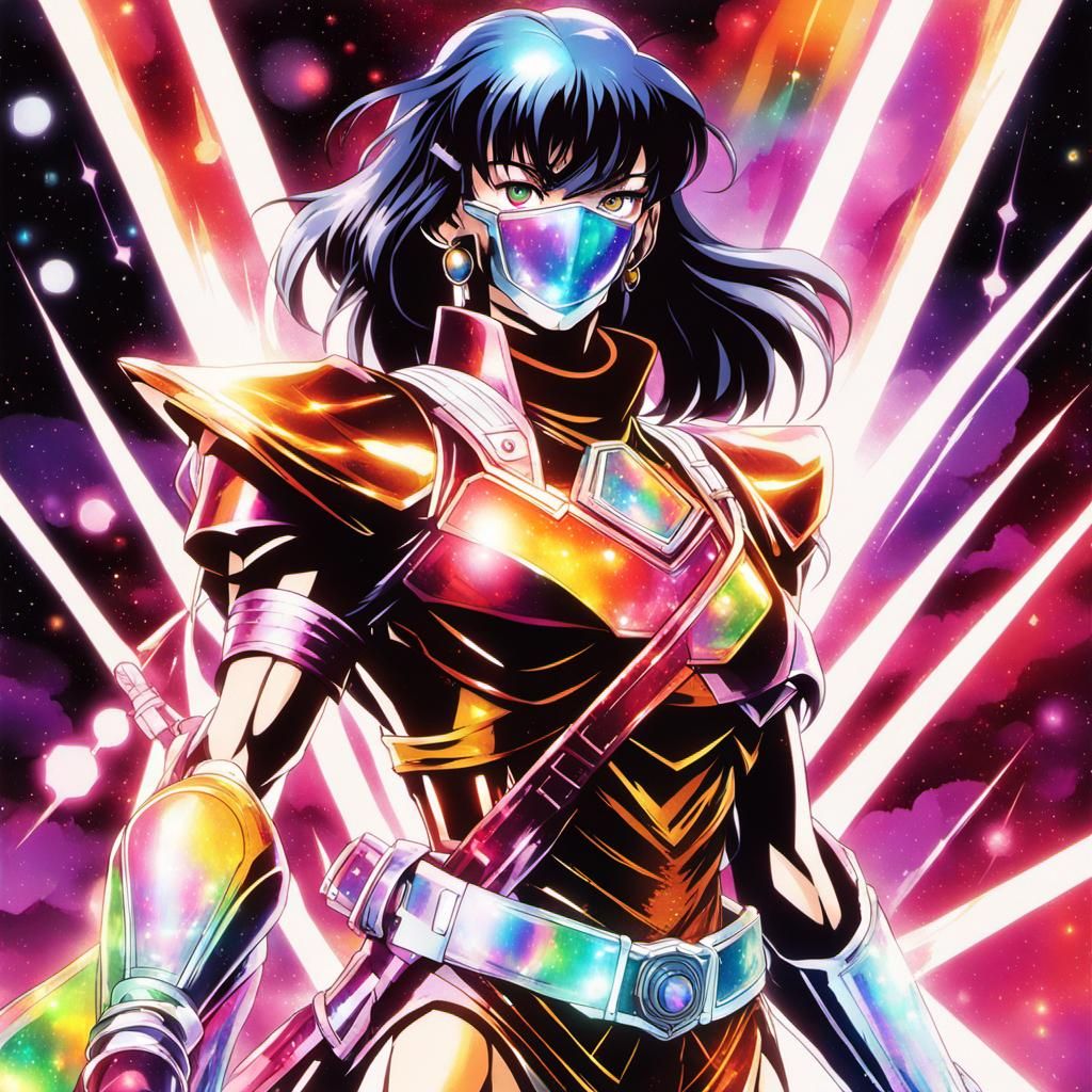 Iridescent Anime Warrior in Alchemist's Lab