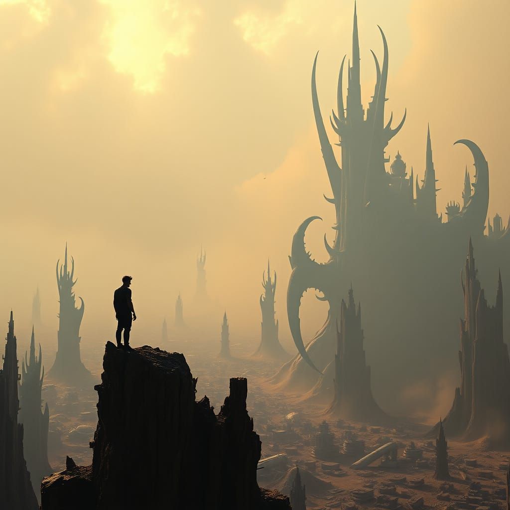 Cosmic Tyrant Surveying Dystopian Ruins in Acidic Wasteland
