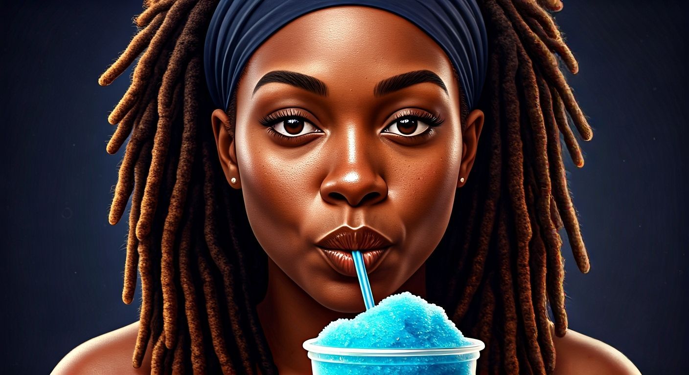 Hyperrealistic Portrait Sipping Blue Slush Ice