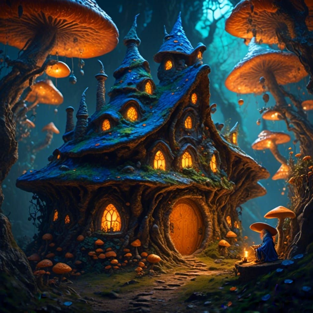 Wizard Making Potion in Mushroom Hut: Fantasy Art