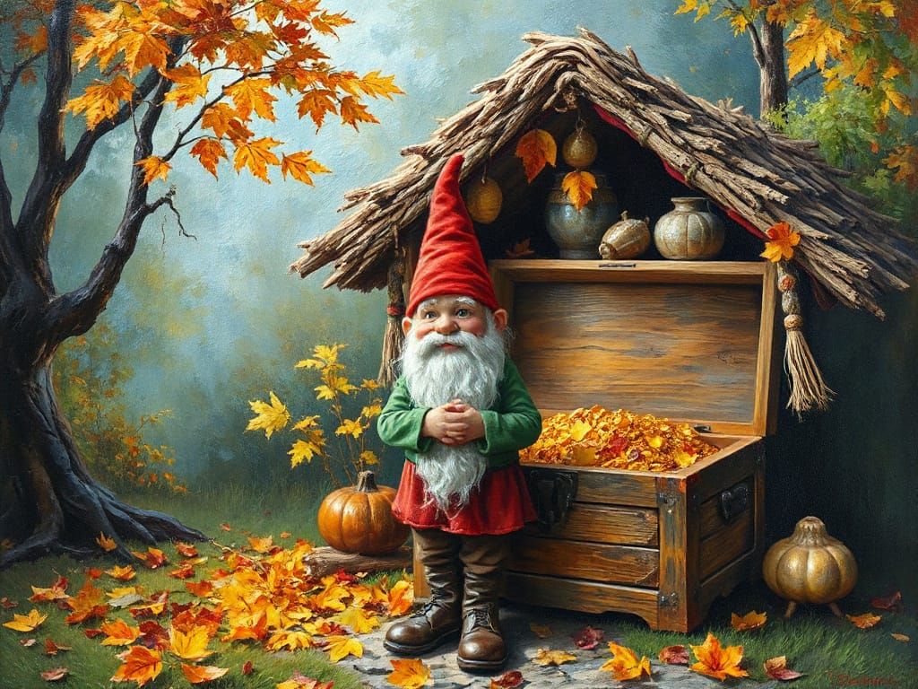 Gnome Guarding Treasure Chest in Autumnal Landscape