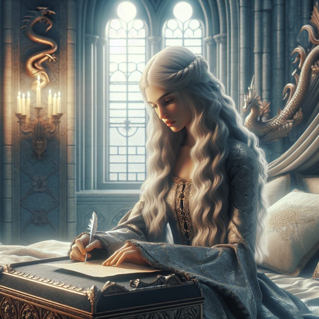 Silver-Haired Princess Writing Letter in Tower Room