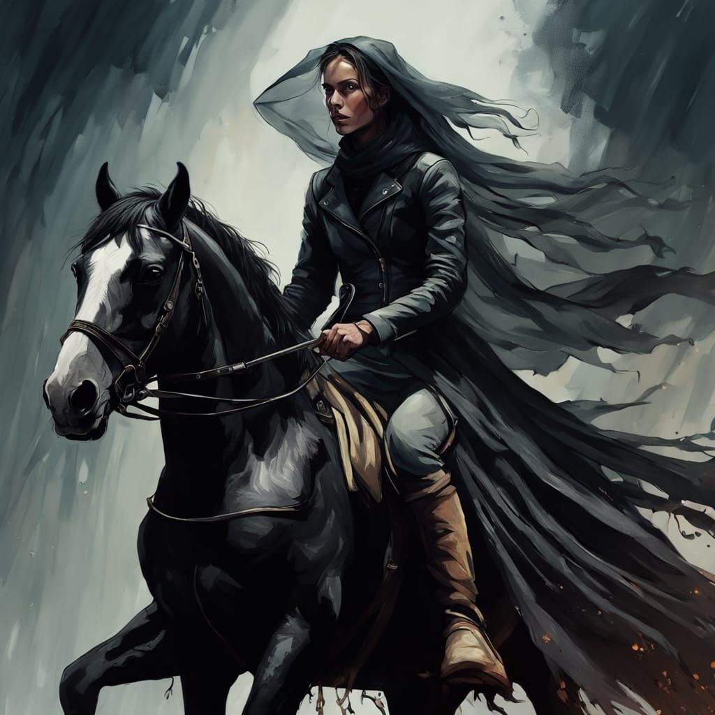 Dark Fantasy Woman Rides Black Horse