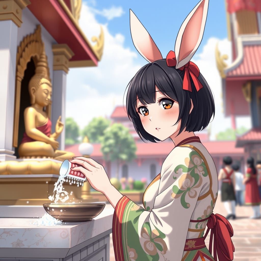 Thai New Year Woman Brings Good Luck to Buddha with Water Po...