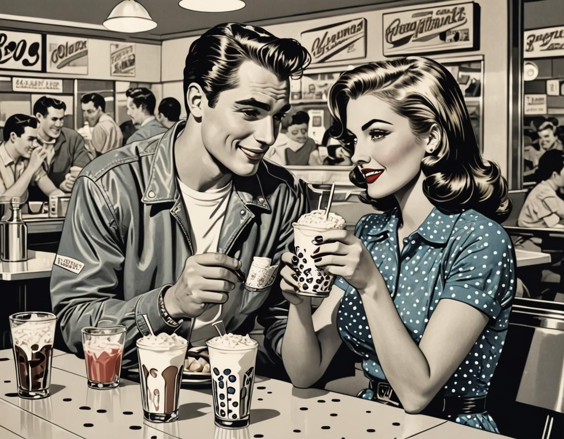 Couple Shares Milkshake in Retro Comic Style