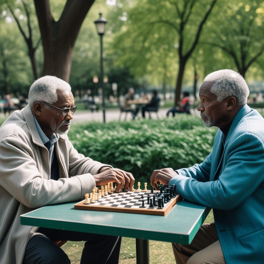 Futuristic Chess Match: Two Older Black Men in Park