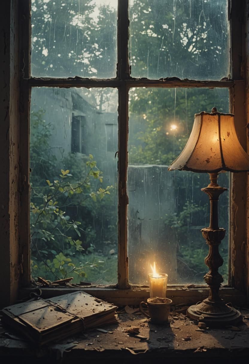 Abandoned Building Window at Sunset: Cinematic Still