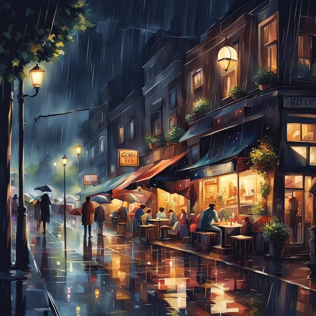 Cozy Cafe on Rainy Night Street