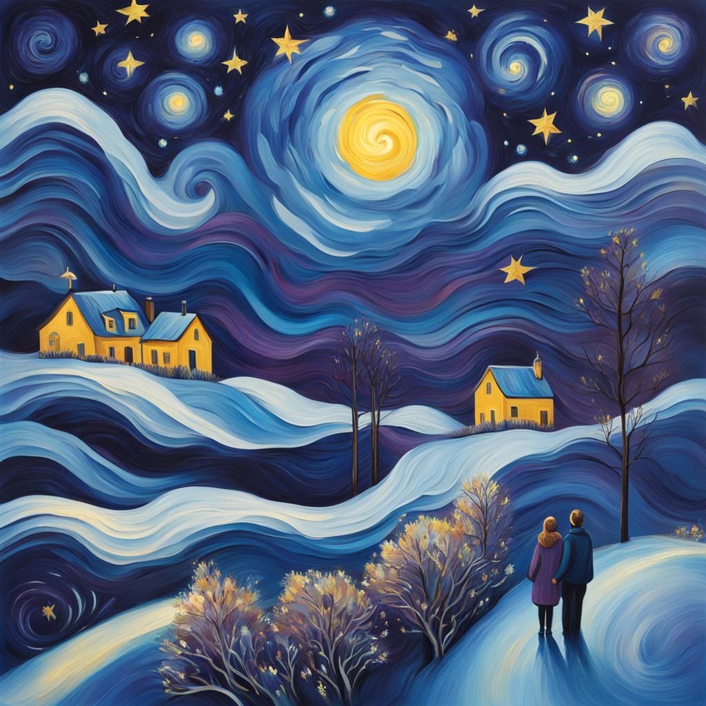 Winter Starry Night Couple in Post-Impressionist Style