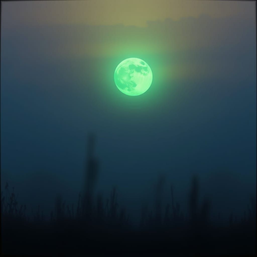 Eerie Green Moon Over Foggy Field in Cinematic Style