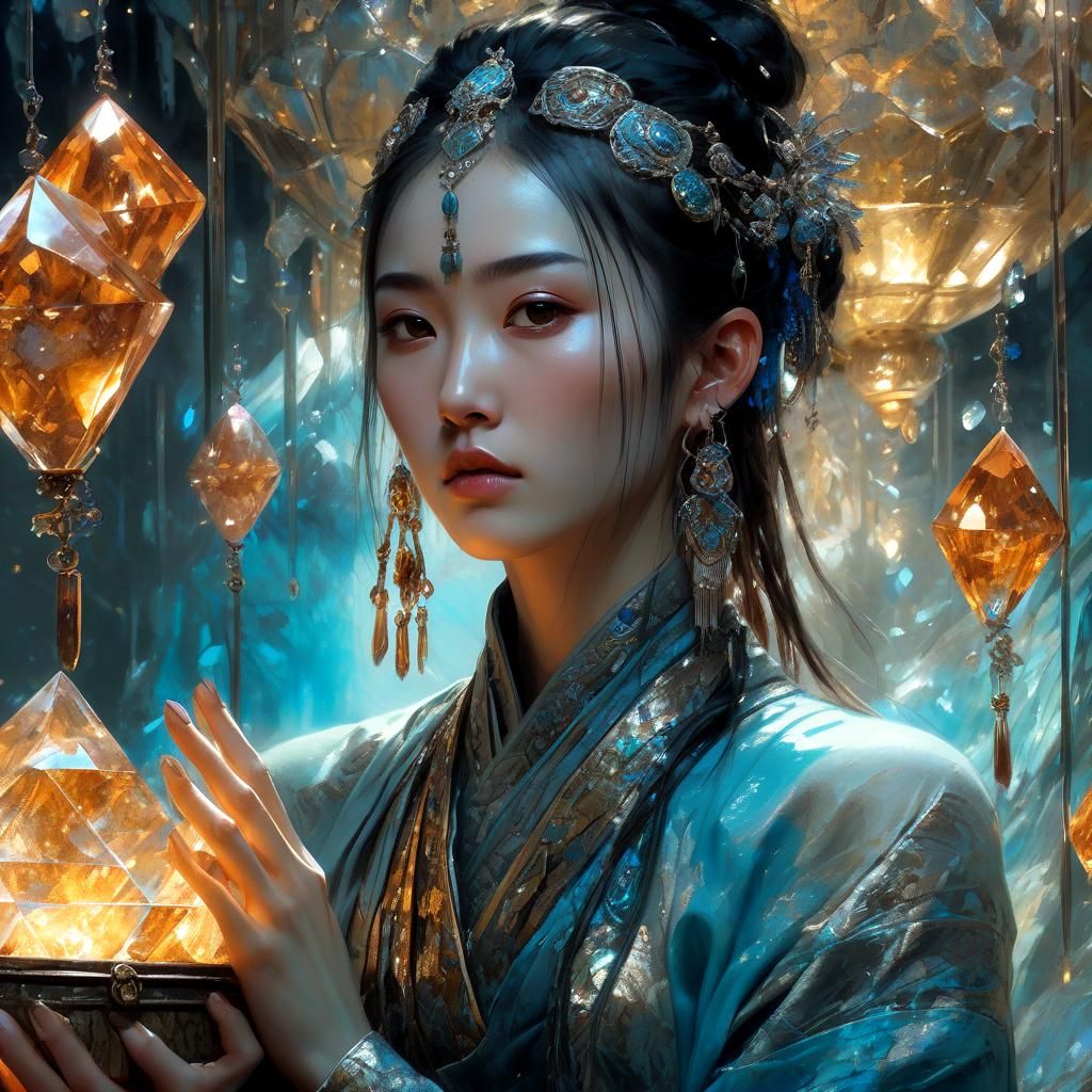 Oriental Girl with Glowing Crystals, Elaborate Digital Art