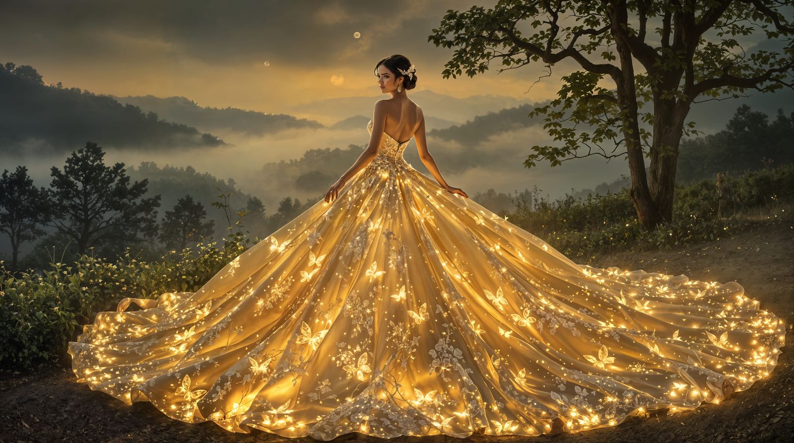 Golden Bride Shines Under Moonlit Night in Dreamlike Art