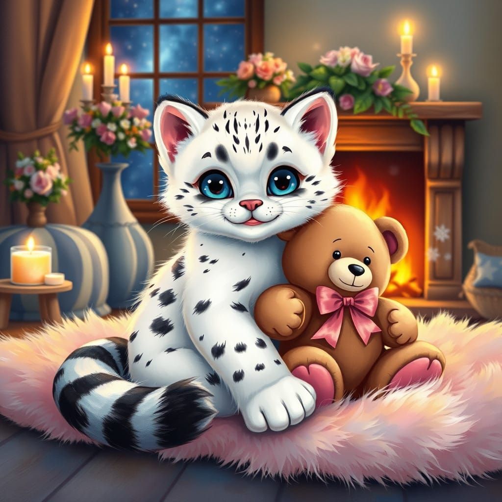 Whimsical Bobcat with Teddy Bear in Cozy Winter Scene