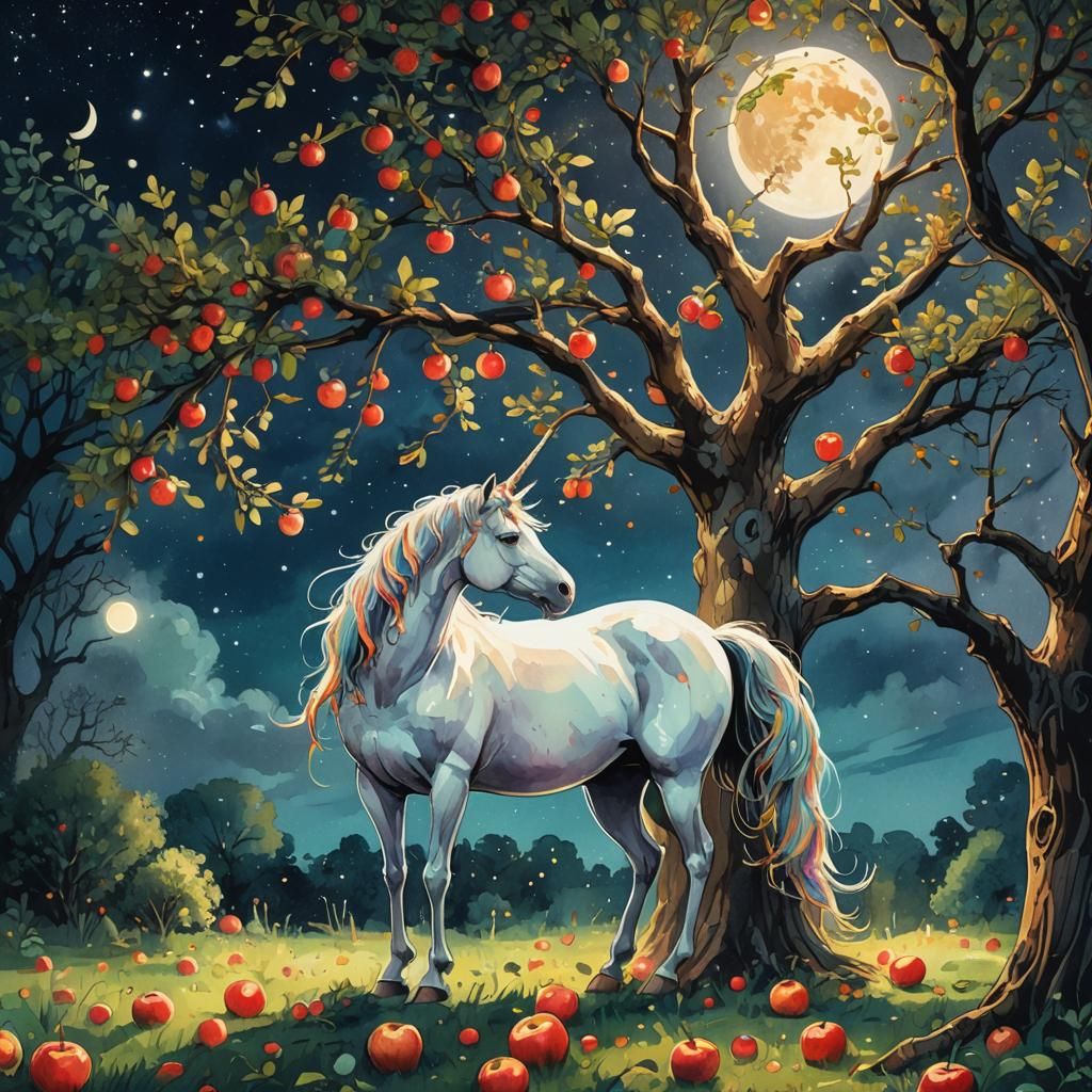 Unicorn Under Apple Tree in Dreamlike Cosmic Art