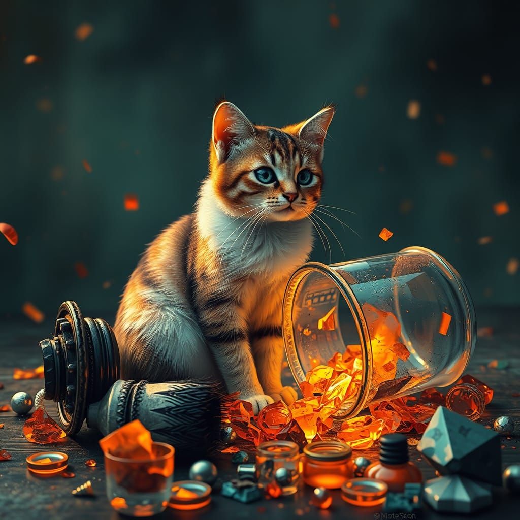 Cat Beside Shattered Vase in Art Nouveau Style