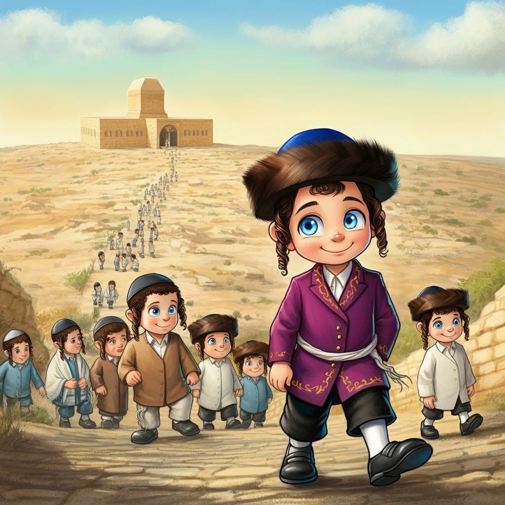 Cartoon Jewish Boys Climb to Rabbi's Tomb